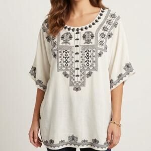 CATO Embroidered Peasant Top Womens Large Ivory Black Boho Oversized Cape Flowy